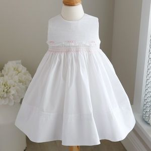 Girl's White Dress Smocked Embroidered Pintucks Lace Feltman Brothers NWT